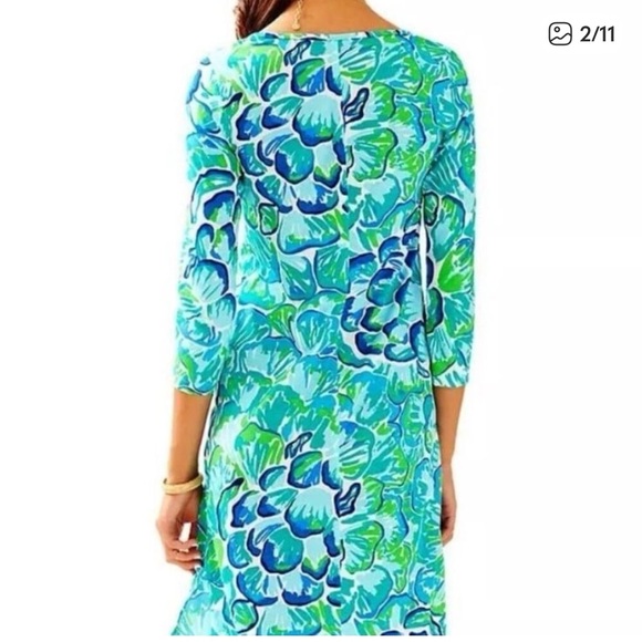 Lilly Pulitzer Kenzie vibrant Blue and Green 3/4 sleeve pima cotton dress - Picture 2 of 6